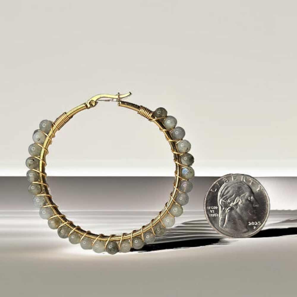 18k Gold Plated Boho Labradorite Stone Wire Wrapped Bead Hoops - Picture 4 of 5